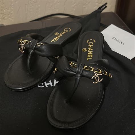 chanel black flip flops|Chanel flip flops with chain.